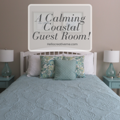 aqua and white coastal guest bedroom with queen size bed