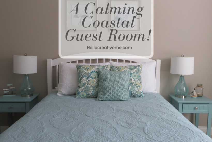 aqua and white coastal guest bedroom with queen size bed