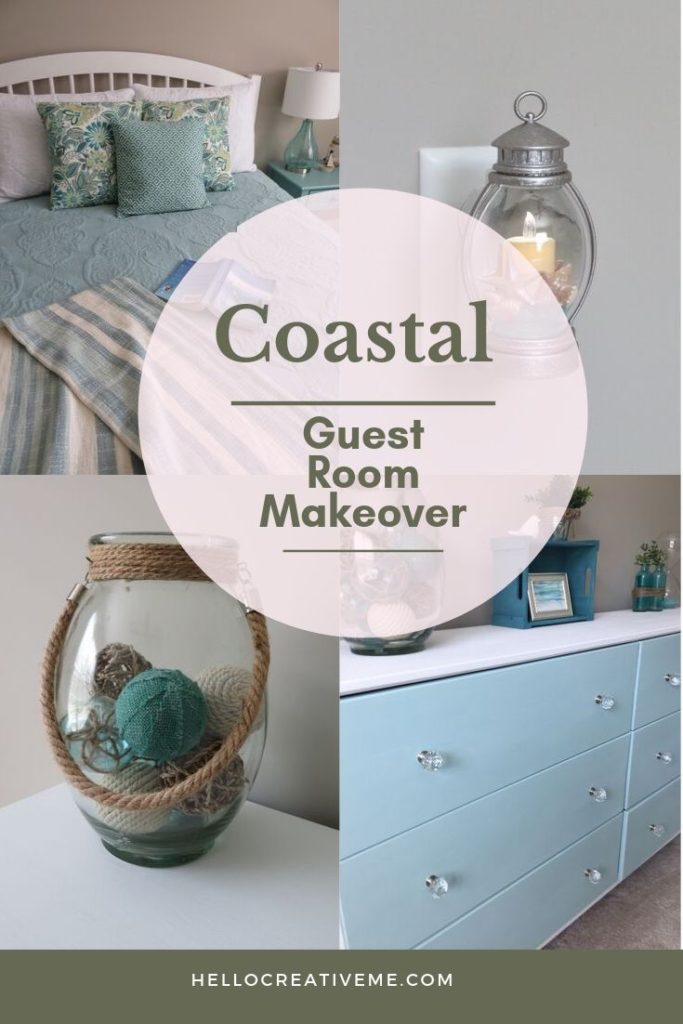 4 pictures showing coastal decor in guest room