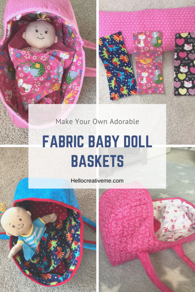 4 images of fabric doll baskets