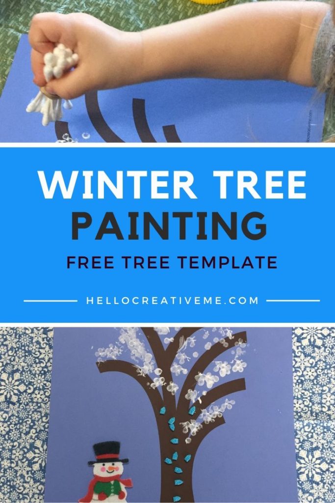 winter tree painting with q tips and snowman