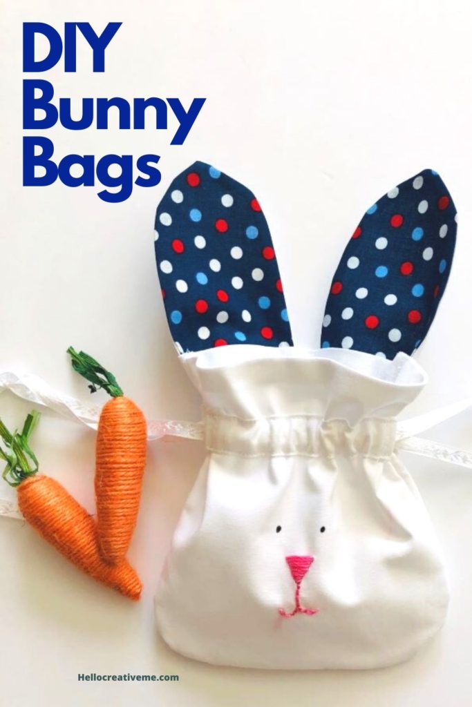 White DIY fabric bunny bag with blue and red polka dot ears