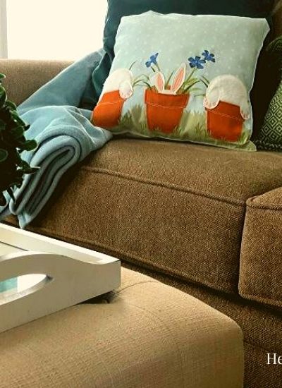 DIY Easter bunny pillow on sofa