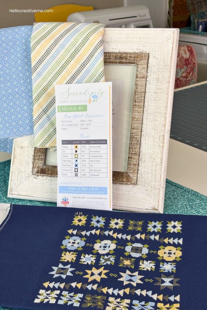 Supplies to finish the Serendipity cross stich project.