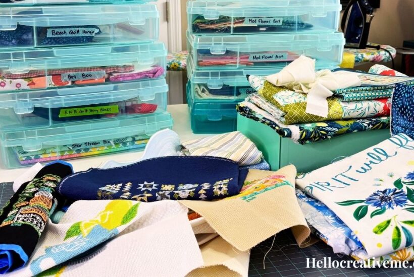 Unfinished Quilt Projects in Bins Scattered Across Table